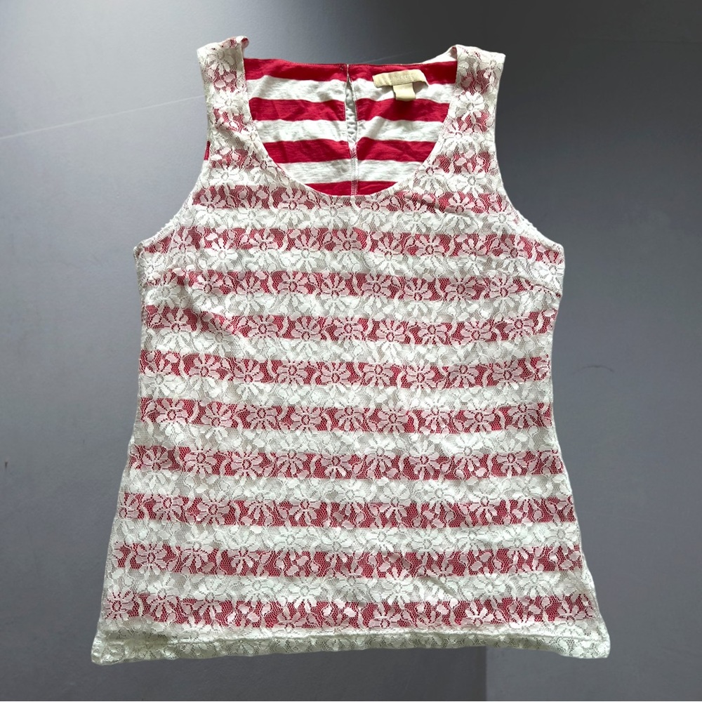 Banana Republic Women Pink White Striped Floral Lace Layered Tank Top Small.